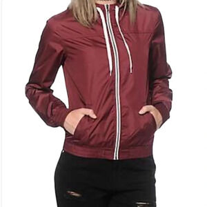 ZINE Water Resistant Windbreaker Jacket Burgundy Exposed Zipper Hood M